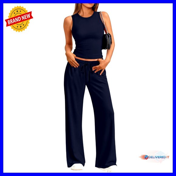 Cropped Tank and Wide Leg Pants Lounge Set Soft Stretchy Fabric